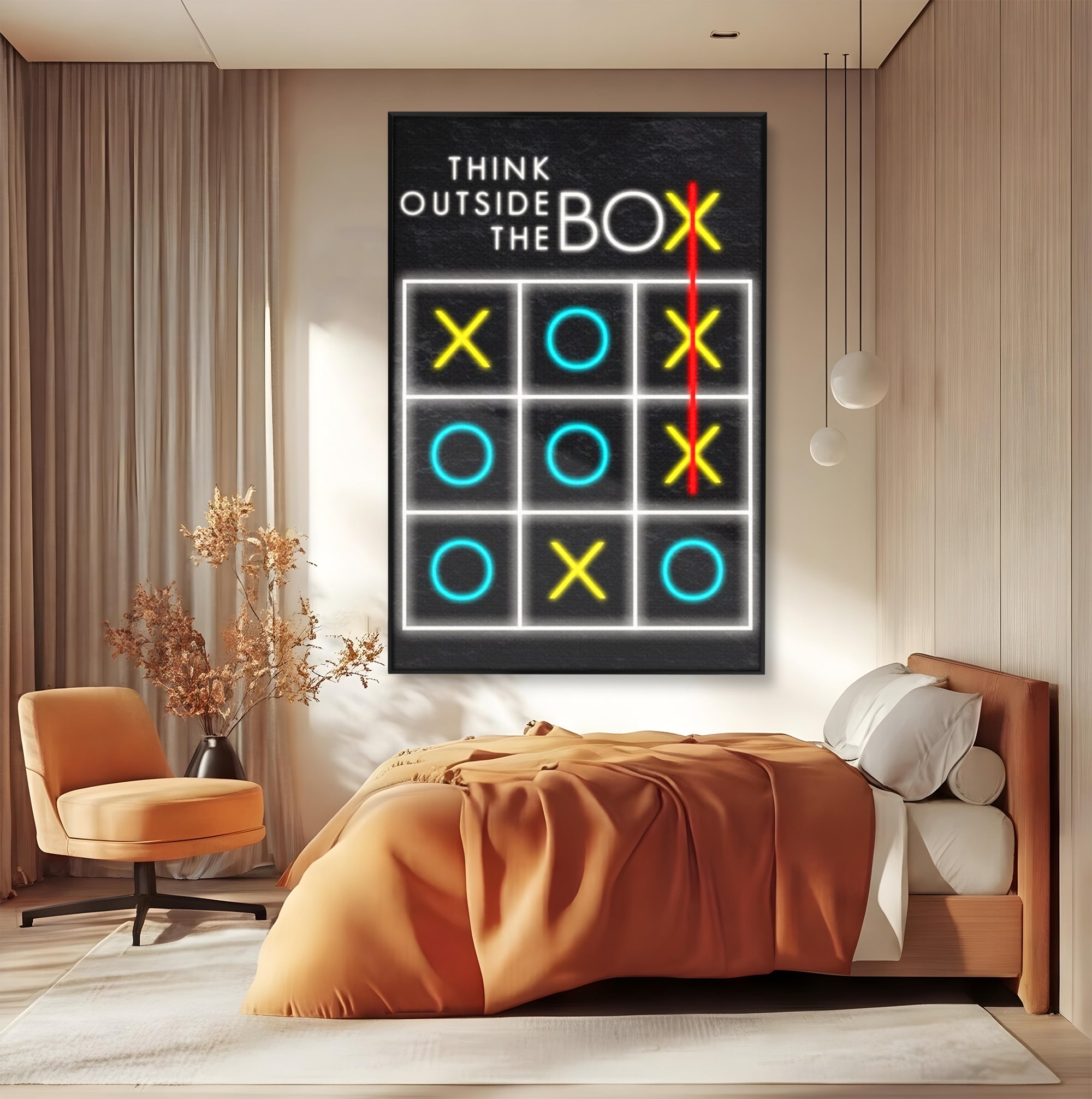 Tablou canvas cu tablou canvas cu joc de tictactoe si text, in rama de aluminiu negru, pe perete intr-un dormitor